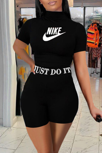 Fashion Casual Letter Print Basic Turtleneck Short Sleeve Two Pieces