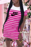 Fashion Casual Striped Patchwork O Neck One Step Skirt Dresses