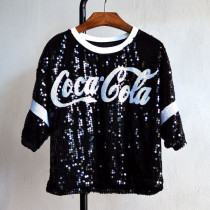 Fashion Street Letter Sequins Patchwork O Neck T-Shirts