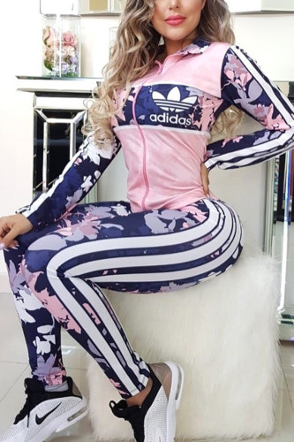 Casual Sportswear Print Patchwork Turndown Collar Long Sleeve Two Pieces