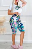Fashion Casual Print Patchwork O Neck Short Sleeve Two Pieces