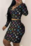 Fashion Sexy Print Patchwork V Neck Long Sleeve Two Pieces