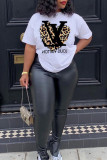 Casual Print Leopard Patchwork Letter O Neck T-Shirts