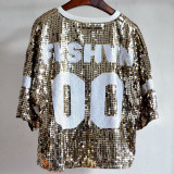 Fashion Street Letter Sequins Patchwork O Neck T-Shirts