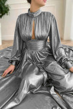 Fashion Solid Hollowed Out Patchwork Slit Turtleneck Long Sleeve Dresses
