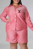Fashion Casual Striped Print Letter Turndown Collar Plus Size Two Pieces