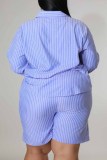 Fashion Casual Striped Print Letter Turndown Collar Plus Size Two Pieces
