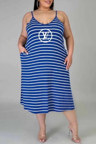Fashion Casual Striped Print Letter U Neck Sling Dress Plus Size Dresses