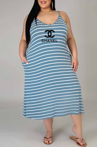 Fashion Casual Striped Print Letter U Neck Sling Dress Plus Size Dresses