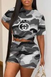 Fashion Casual Camouflage Print Letter O Neck Short Sleeve Two Pieces