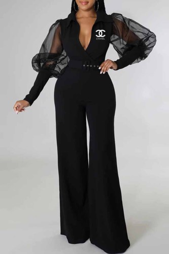 Fashion Casual Letter Patchwork Turndown Collar Jumpsuits