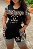 Fashion Casual Print Leopard Patchwork Letter O Neck Short Sleeve Two Pieces