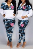 Fashion Casual Camouflage Print Patchwork Zipper Collar Long Sleeve Two Pieces