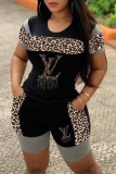 Fashion Casual Patchwork Leopard Letter O Neck Short Sleeve Two Pieces