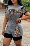 Fashion Casual Patchwork Leopard Letter O Neck Short Sleeve Two Pieces