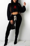 Fashion Casual Print Bandage Letter Hooded Collar Long Sleeve Two Pieces