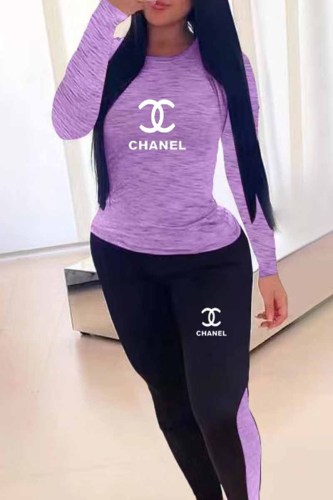 Fashion Casual Print Patchwork Letter O Neck Long Sleeve Two Pieces