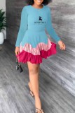 Sweet Print Patchwork O Neck Pleated Dresses