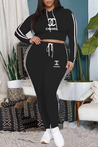 Casual Print Letter Hooded Collar Plus Size Two Pieces