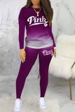 Casual Gradual Change Print Letter O Neck Long Sleeve Two Pieces