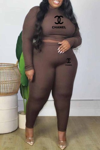Casual Print Letter O Neck Plus Size Two Pieces