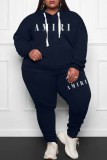 Casual Print Letter Hooded Collar Plus Size Two Pieces