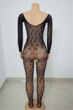Fashion Sexy Patchwork Hollowed Out See-through O Neck Skinny Jumpsuits