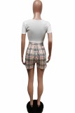 Fashion Casual Plaid Patchwork U Neck Short Sleeve Two Pieces