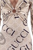 Fashion Sexy Print Hollowed Out Letter V Neck One Step Skirt Dresses