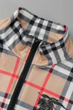 Fashion Casual Plaid Patchwork Letter Zipper Collar Long Sleeve Two Pieces