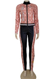 Fashion Elegant Print Patchwork Letter Zipper Collar Long Sleeve Two Pieces