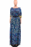 Fashion Casual Print Patchwork With Belt O Neck Straight Dresses