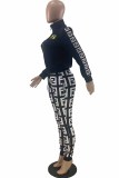 Fashion Casual Print Patchwork Letter Zipper Collar Long Sleeve Two Pieces