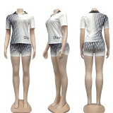 Fashion Casual Letter Print Basic Turndown Collar Short Sleeve Two Pieces