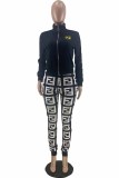 Fashion Casual Print Patchwork Letter Zipper Collar Long Sleeve Two Pieces