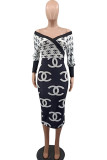 Fashion Sexy Print Patchwork Off the Shoulder Wrapped Skirt Dresses