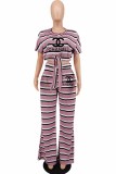 Fashion Casual Striped Letter O Neck Plus Size Two Pieces