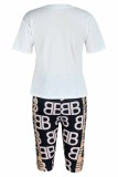 Fashion Casual Character Print Patchwork Letter O Neck Short Sleeve Two Pieces