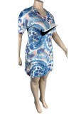 Fashion Casual Print Patchwork V Neck One Step Skirt Plus Size Dresses