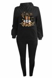 Street Character Print Letter Hooded Collar Long Sleeve Two Pieces