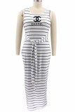 Fashion Casual Striped Letter O Neck One Step Skirt Plus Size Dresses