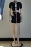 Fashion Casual Plaid Patchwork Turndown Collar One Step Skirt Dresses