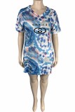 Fashion Casual Tie Dye Letter V Neck One Step Skirt Plus Size Dresses