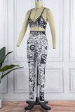 Sexy Print Patchwork Letter Spaghetti Strap Sleeveless Two Pieces