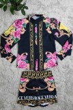 Fashion Vintage Print Patchwork Turndown Collar Long Sleeve Two Pieces