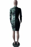 Fashion Sexy Camouflage Print Patchwork V Neck One Step Skirt Dresses