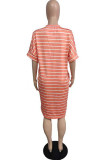 Fashion Casual Striped Letter V Neck Straight Plus Size Dresses