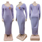 Fashion Casual Print Basic O Neck Long Sleeve Plus Size Dresses