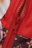 Fashion Elegant Print Patchwork Zipper Collar Long Sleeve Two Pieces