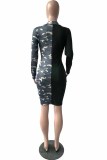 Fashion Sexy Camouflage Print Patchwork V Neck One Step Skirt Dresses